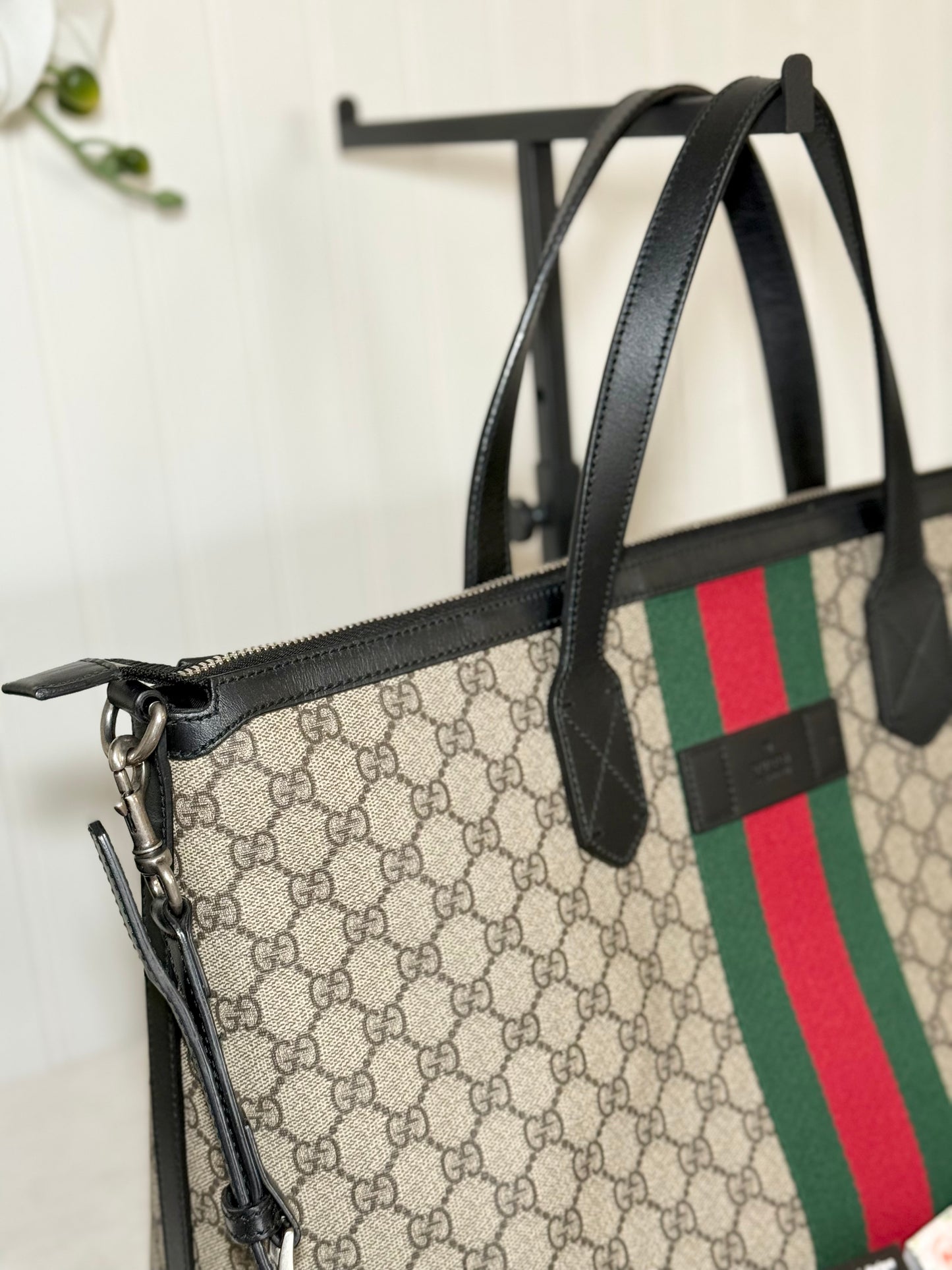 Gucci Zipped Web GG Supreme Canvas Tote Shoulder Bag Black 359261