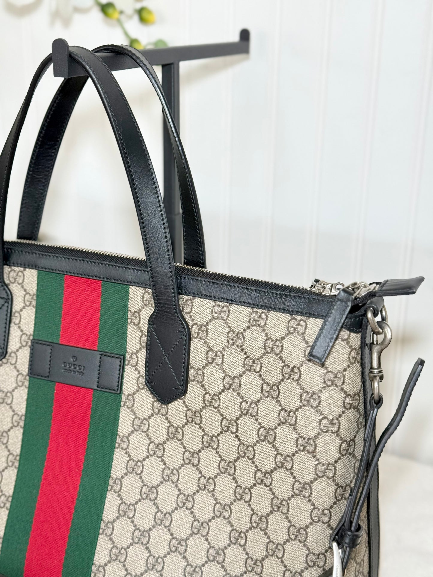 Gucci Zipped Web GG Supreme Canvas Tote Shoulder Bag Black 359261