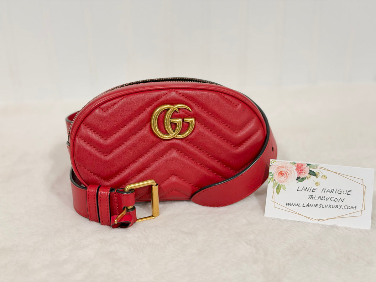Gucci GG Marmont Matelassé Belt Bag Hibiscus Red Aged Gold-tone HW