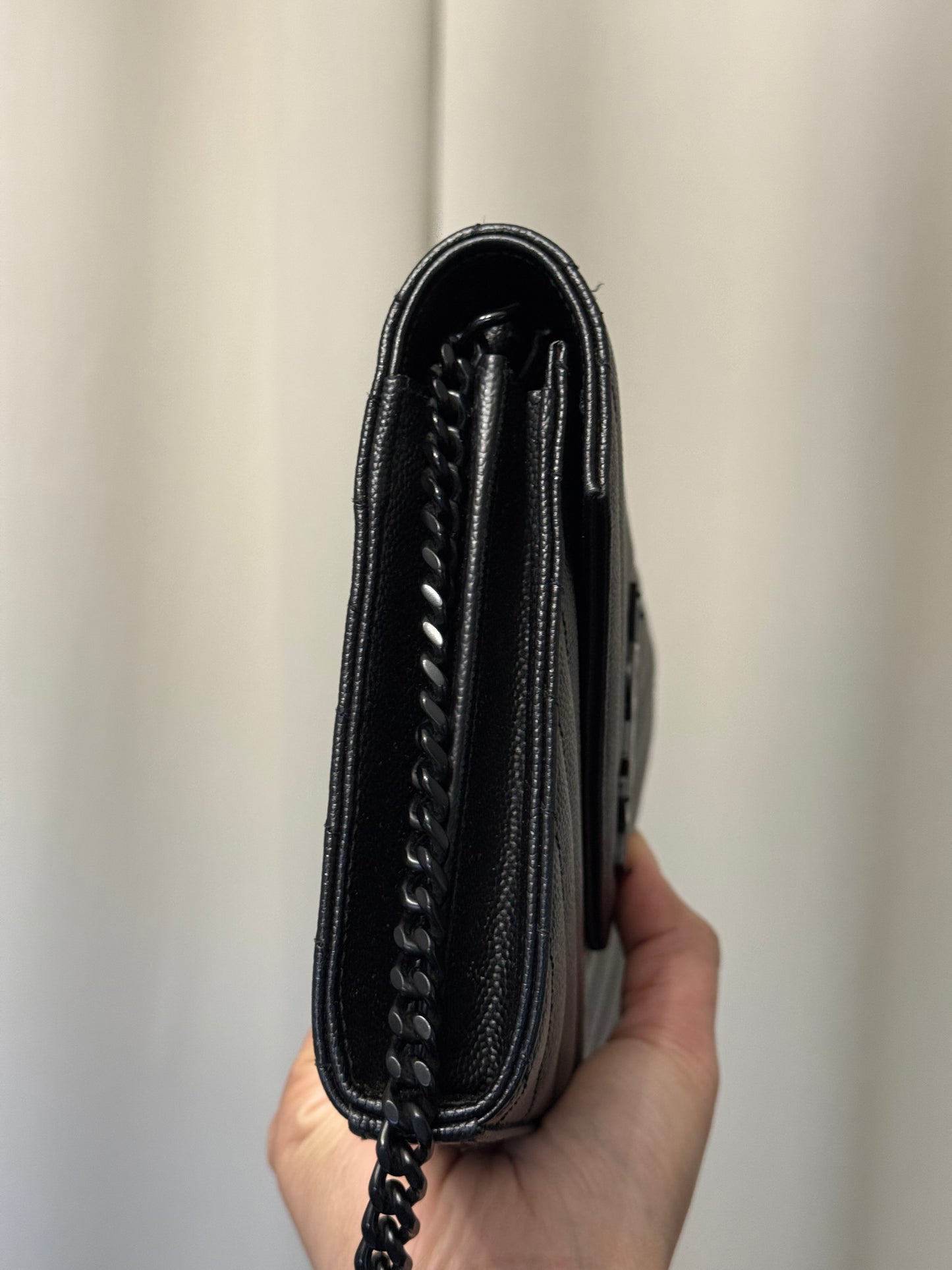 Yves Saint Laurent YSL Classic Cassandre Wallet on Chain in Black Grained de Poudre Leather Black HW