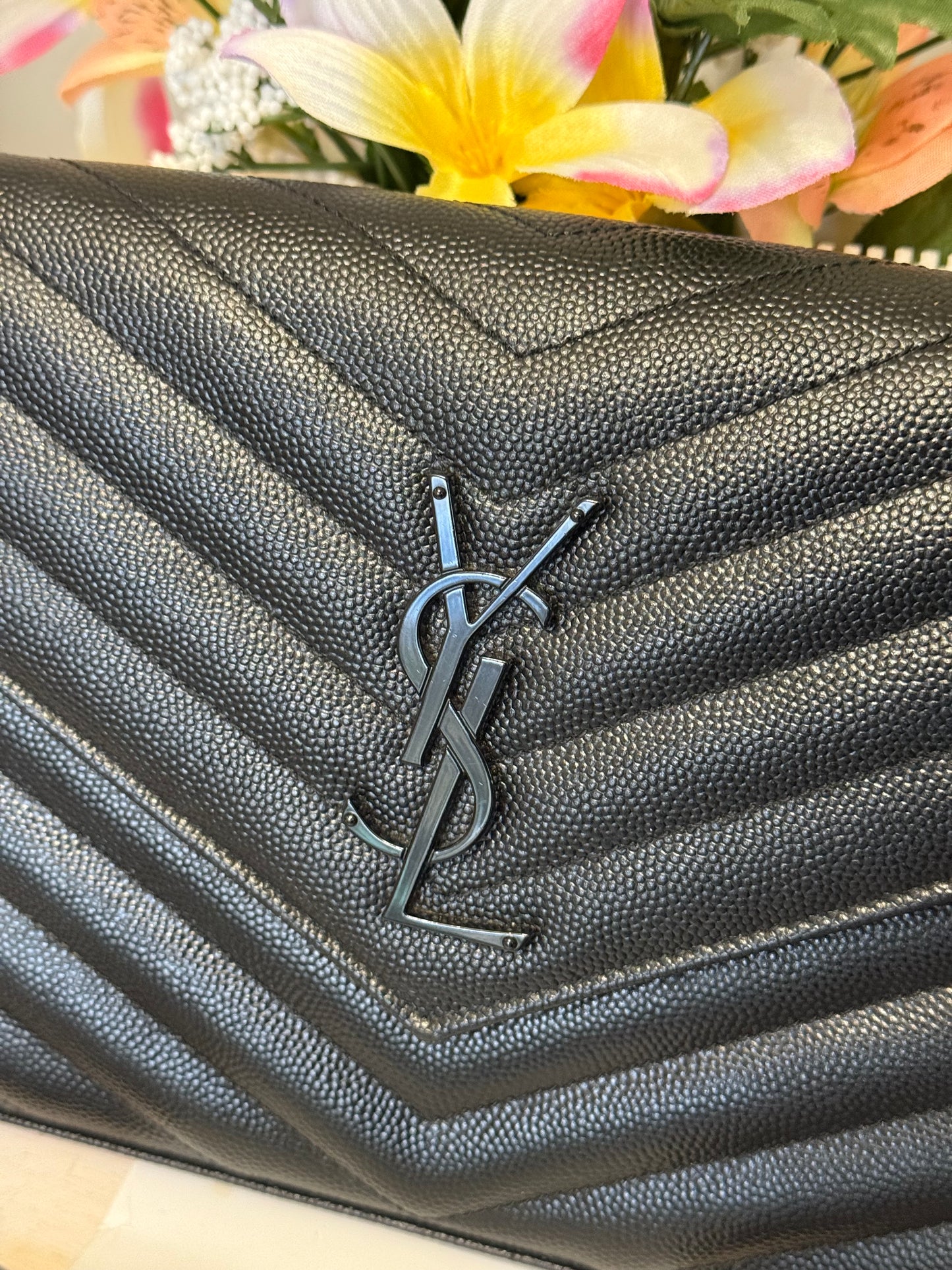 Yves Saint Laurent YSL Classic Cassandre Wallet on Chain in Black Grained de Poudre Leather Black HW