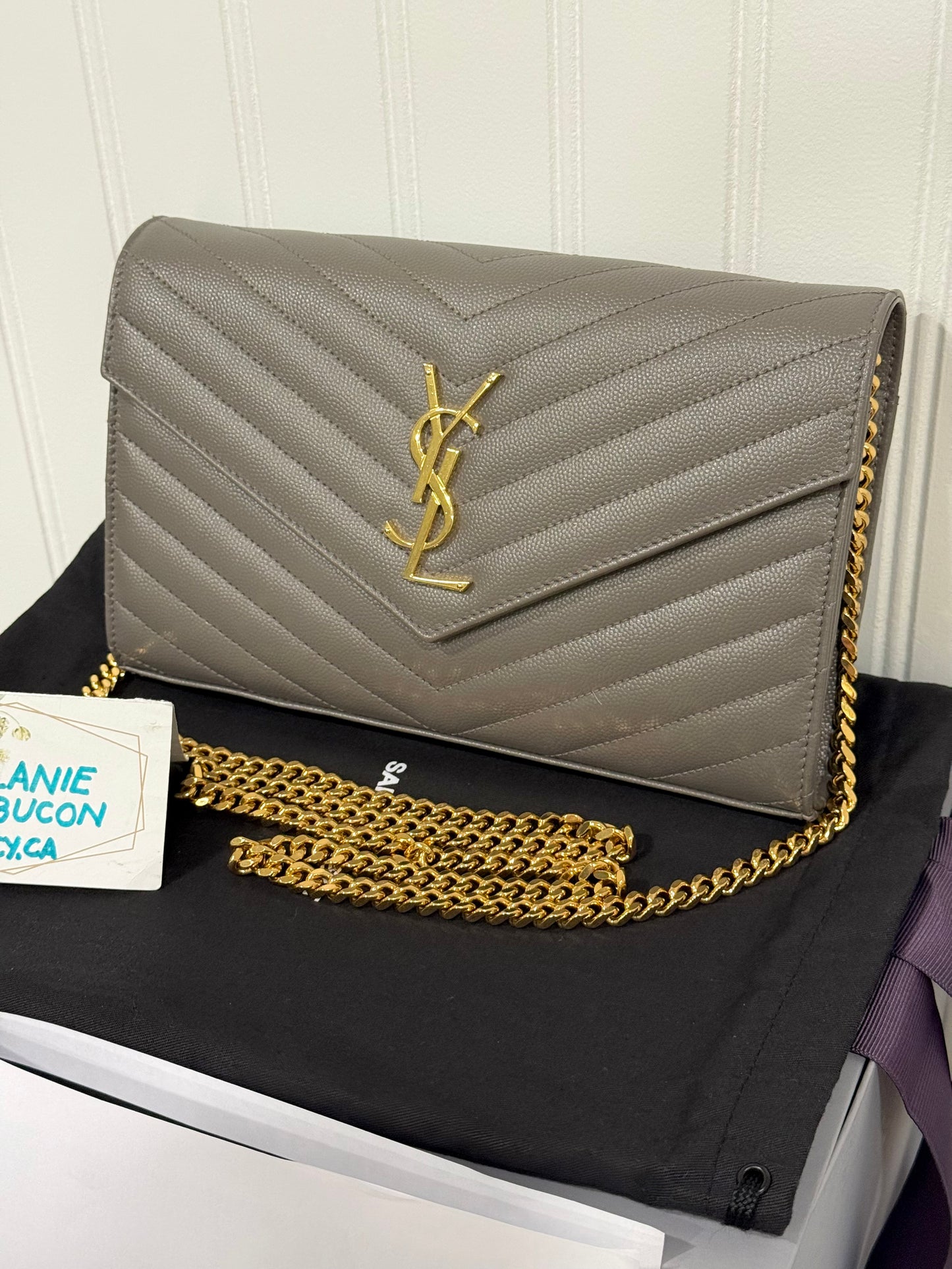YSL Cassandre Wallet on Chain Fog Grained Leather with Gold HW