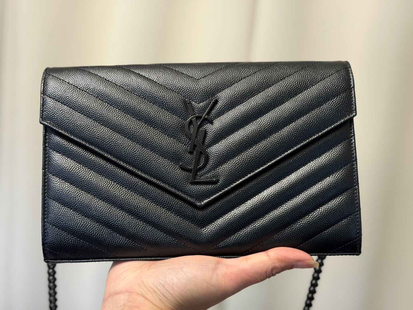 Yves Saint Laurent YSL Classic Cassandre Wallet on Chain in Black Grained de Poudre Leather Black HW