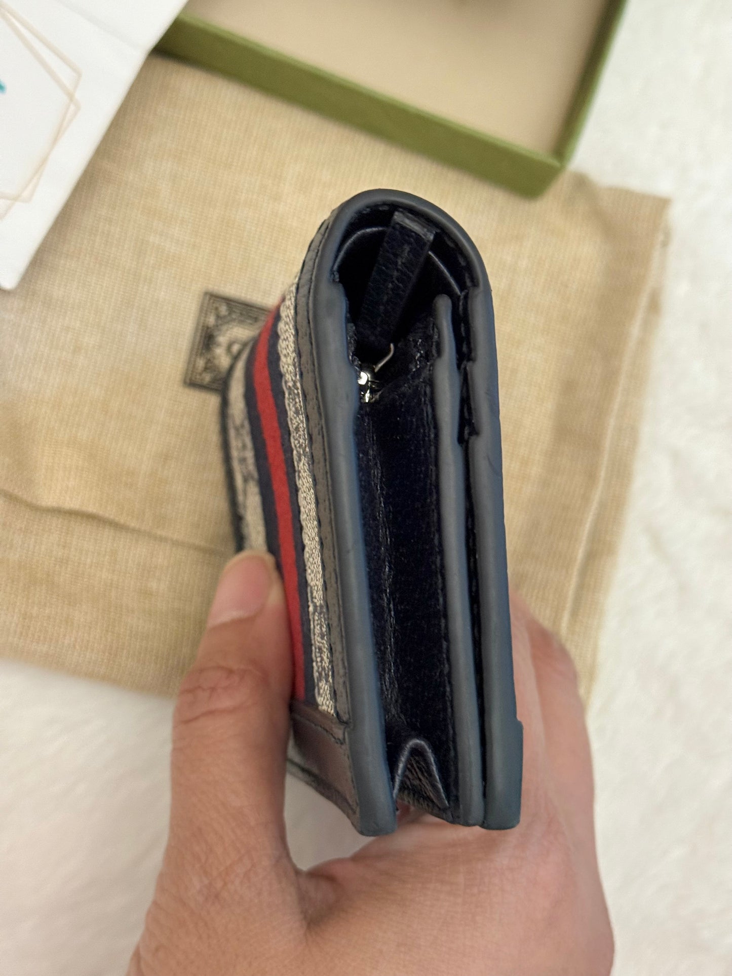 Gucci GG Supreme Monogram Textured Dollar Calfskin Web Ophidia Card Case Beige Blue