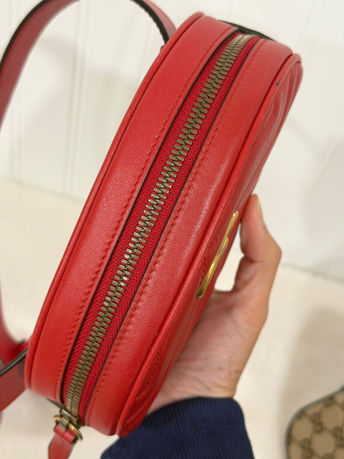 Gucci GG Marmont Matelassé Belt Bag Hibiscus Red Aged Gold-tone HW