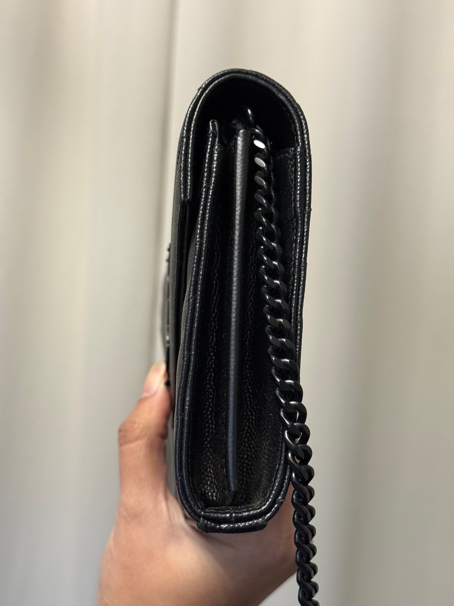 Yves Saint Laurent YSL Classic Cassandre Wallet on Chain in Black Grained de Poudre Leather Black HW