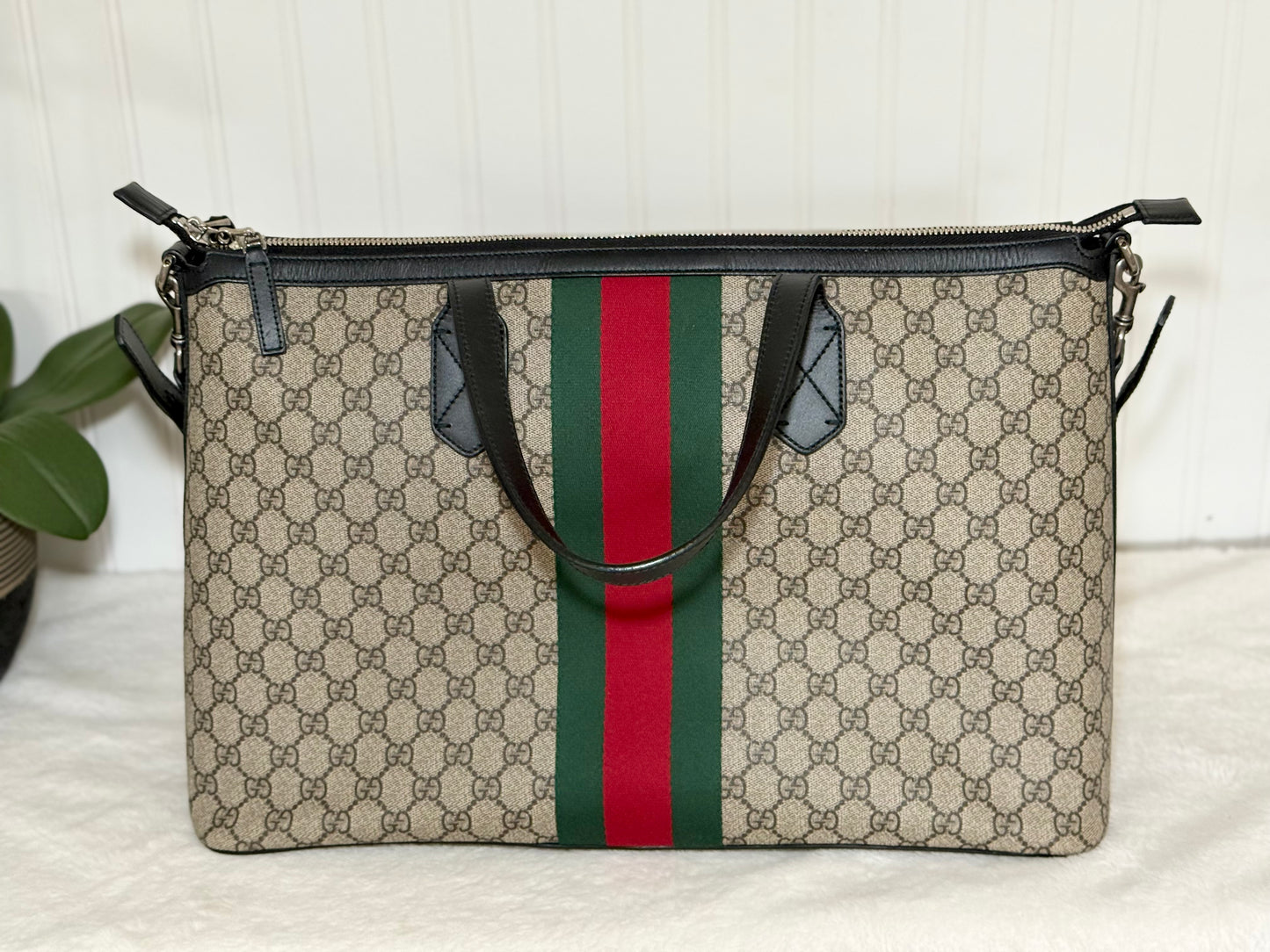 Gucci Zipped Web GG Supreme Canvas Tote Shoulder Bag Black 359261