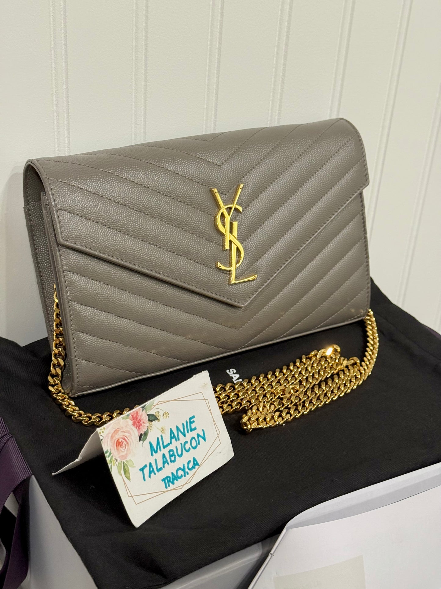 YSL Cassandre Wallet on Chain Fog Grained Leather with Gold HW