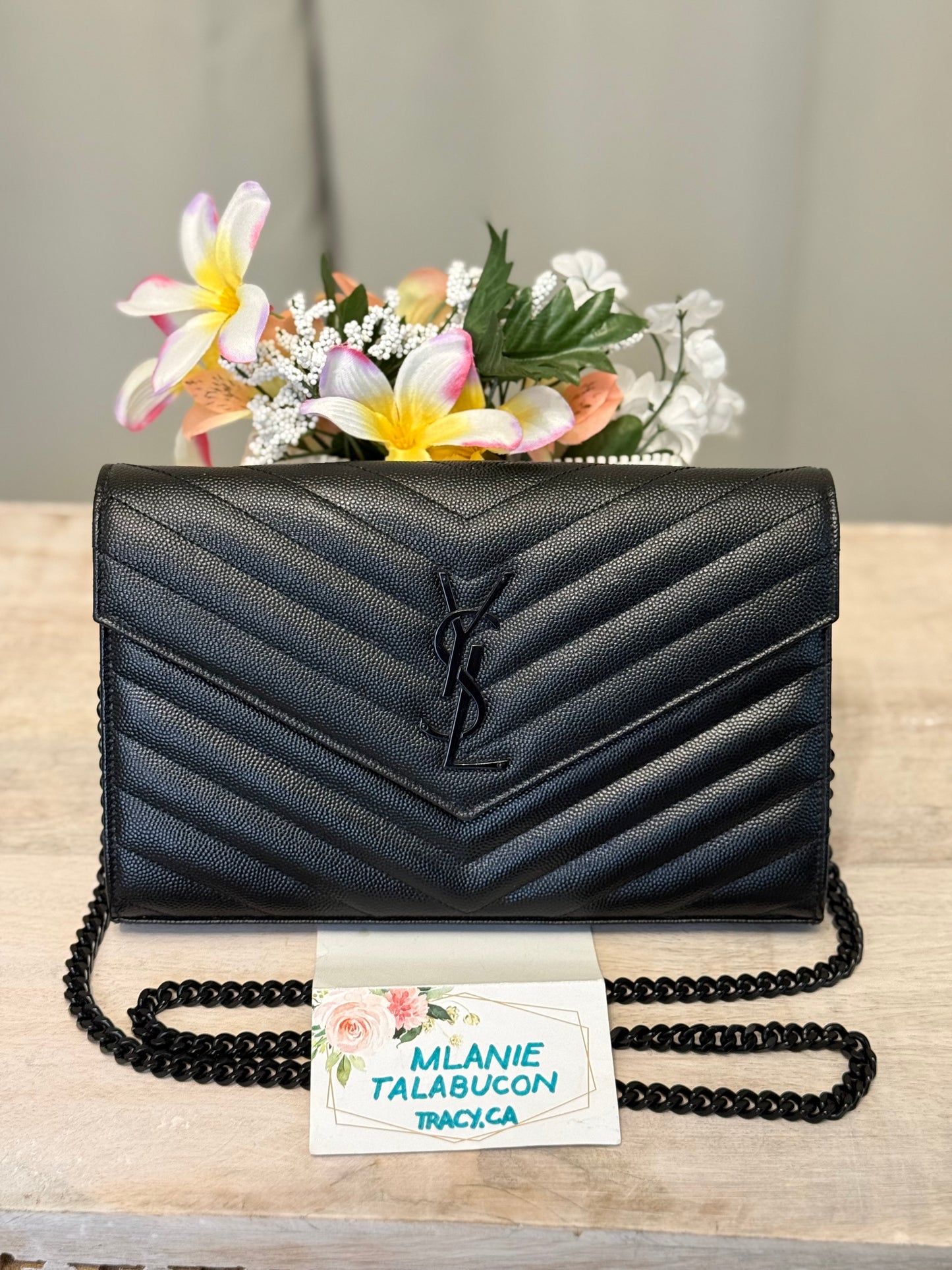 Yves Saint Laurent YSL Classic Cassandre Wallet on Chain in Black Grained de Poudre Leather Black HW