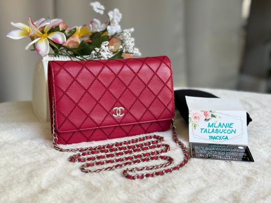 Chanel 14P Wild Stitch Lambskin Dark Pink with Silver HW Wallet on Chain