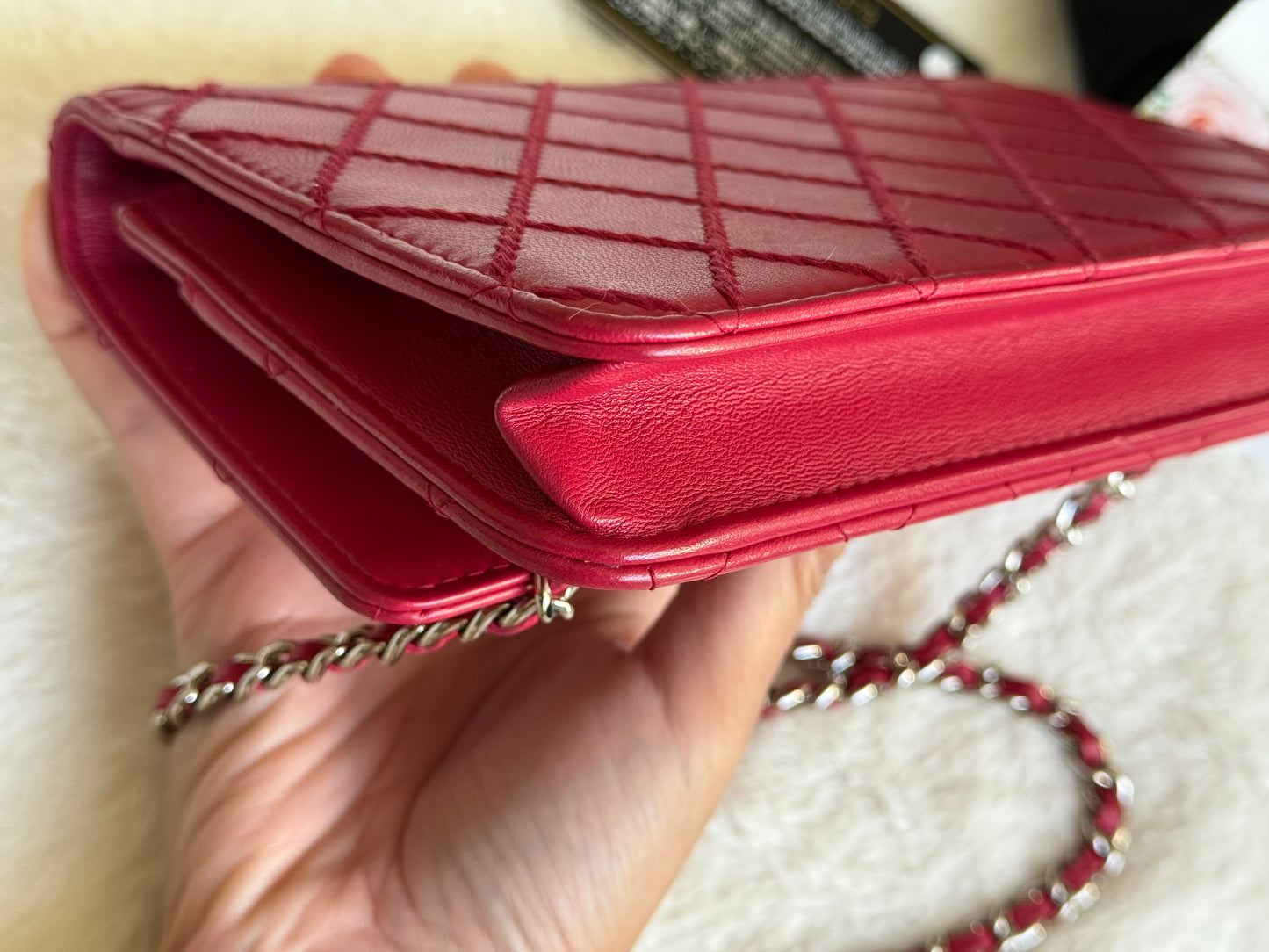 Chanel 14P Wild Stitch Lambskin Dark Pink with Silver HW Wallet on Chain