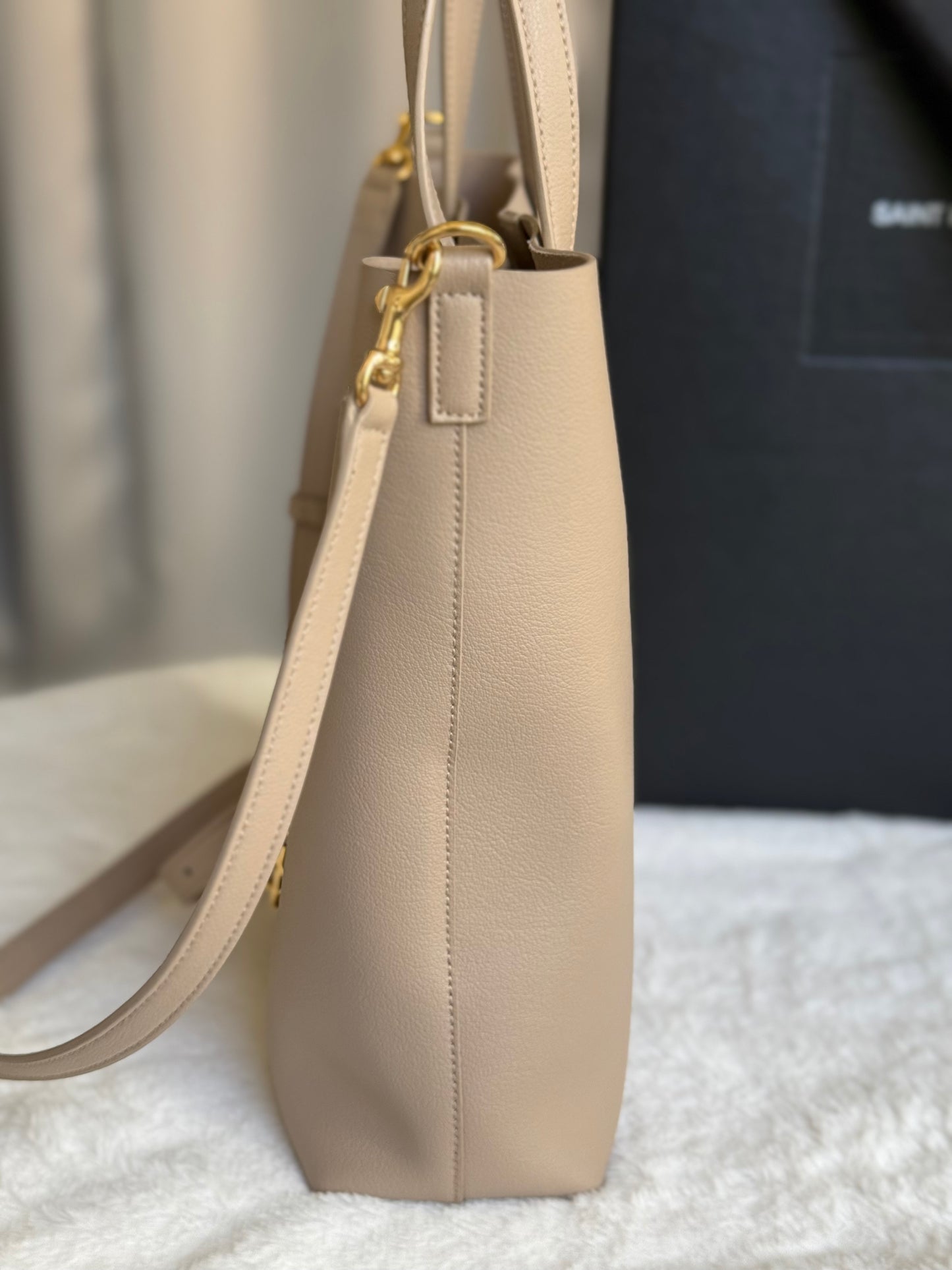 Saint Laurent YSL Toy Shopping Tote Dark Beige Leather