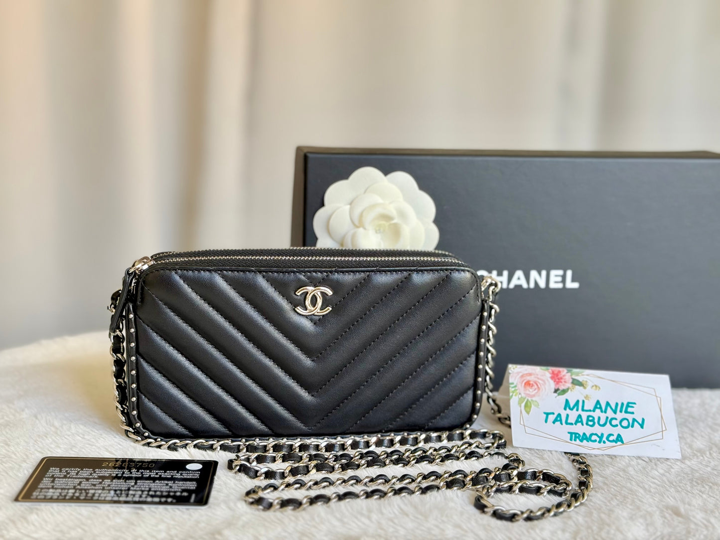 Chanel Double Zip Clutch Studded Black Lambskin Chevron Silver HW