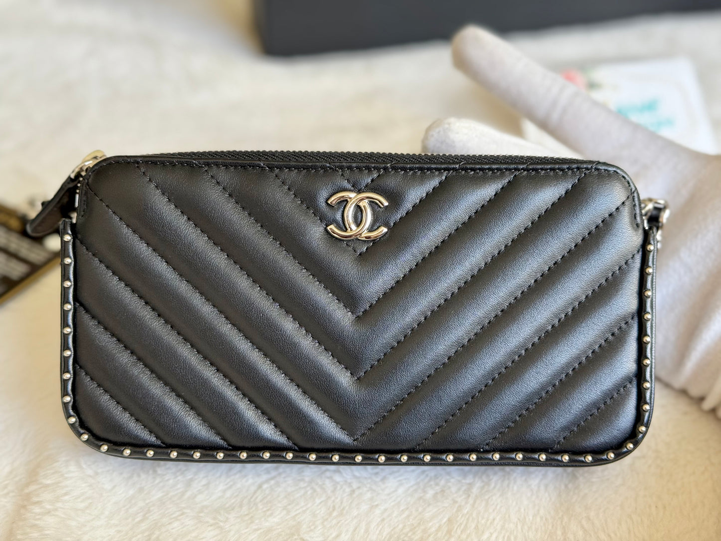 Chanel Double Zip Clutch Studded Black Lambskin Chevron Silver HW