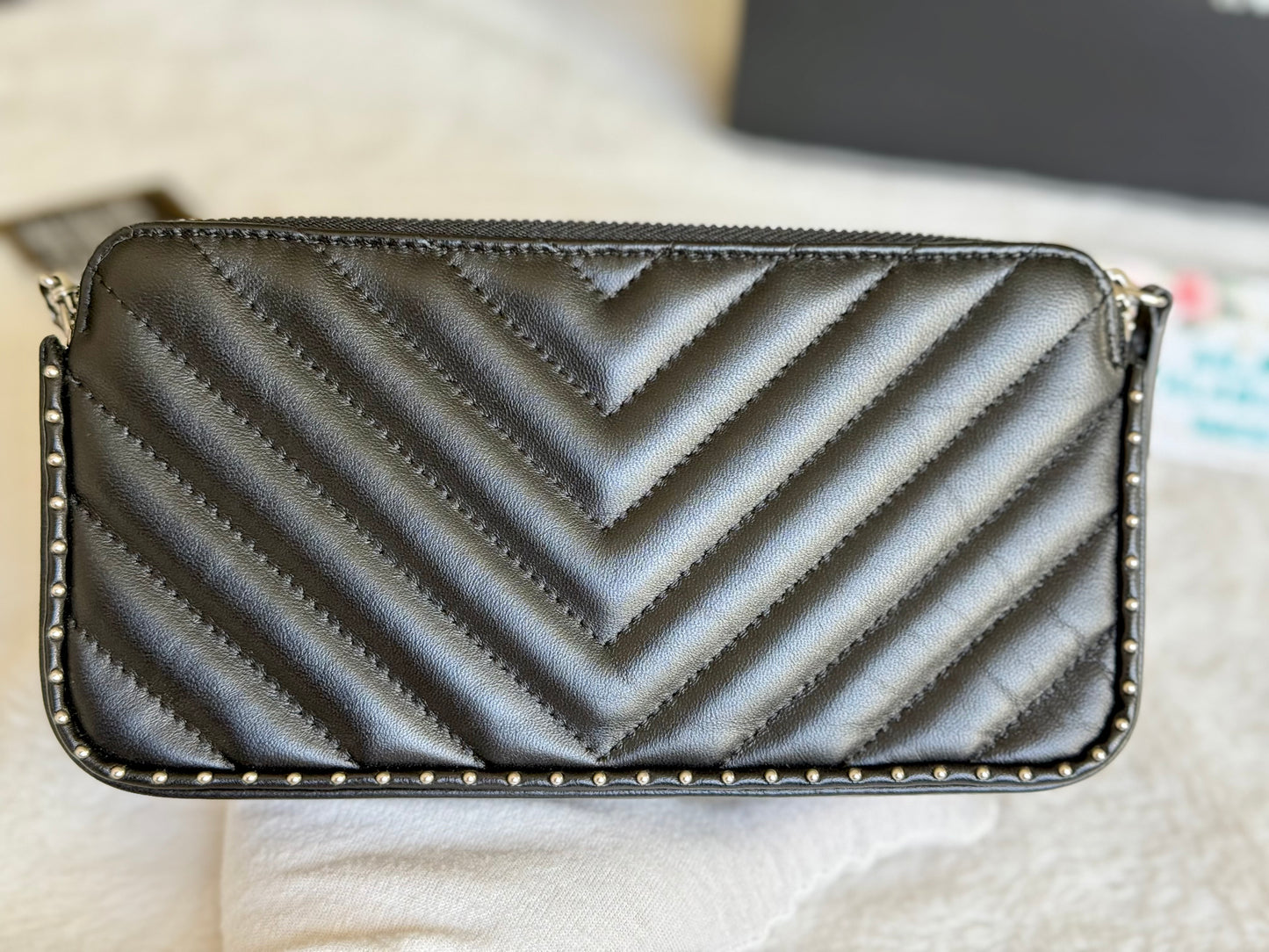 Chanel Double Zip Clutch Studded Black Lambskin Chevron Silver HW