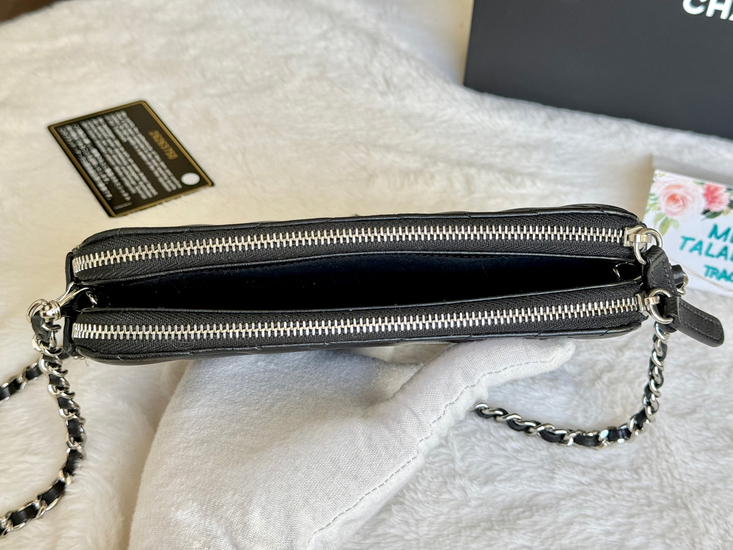 Chanel Double Zip Clutch Studded Black Lambskin Chevron Silver HW