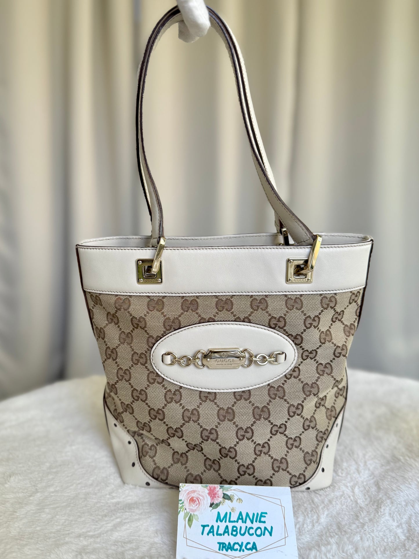 Gucci GG Punch White Leather Beige Tote Bag