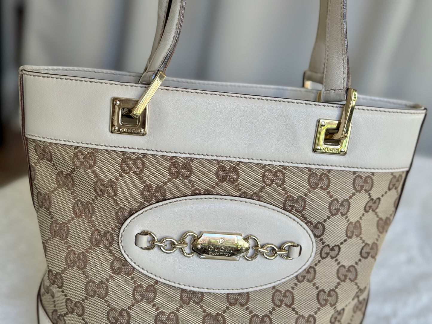 Gucci GG Punch White Leather Beige Tote Bag