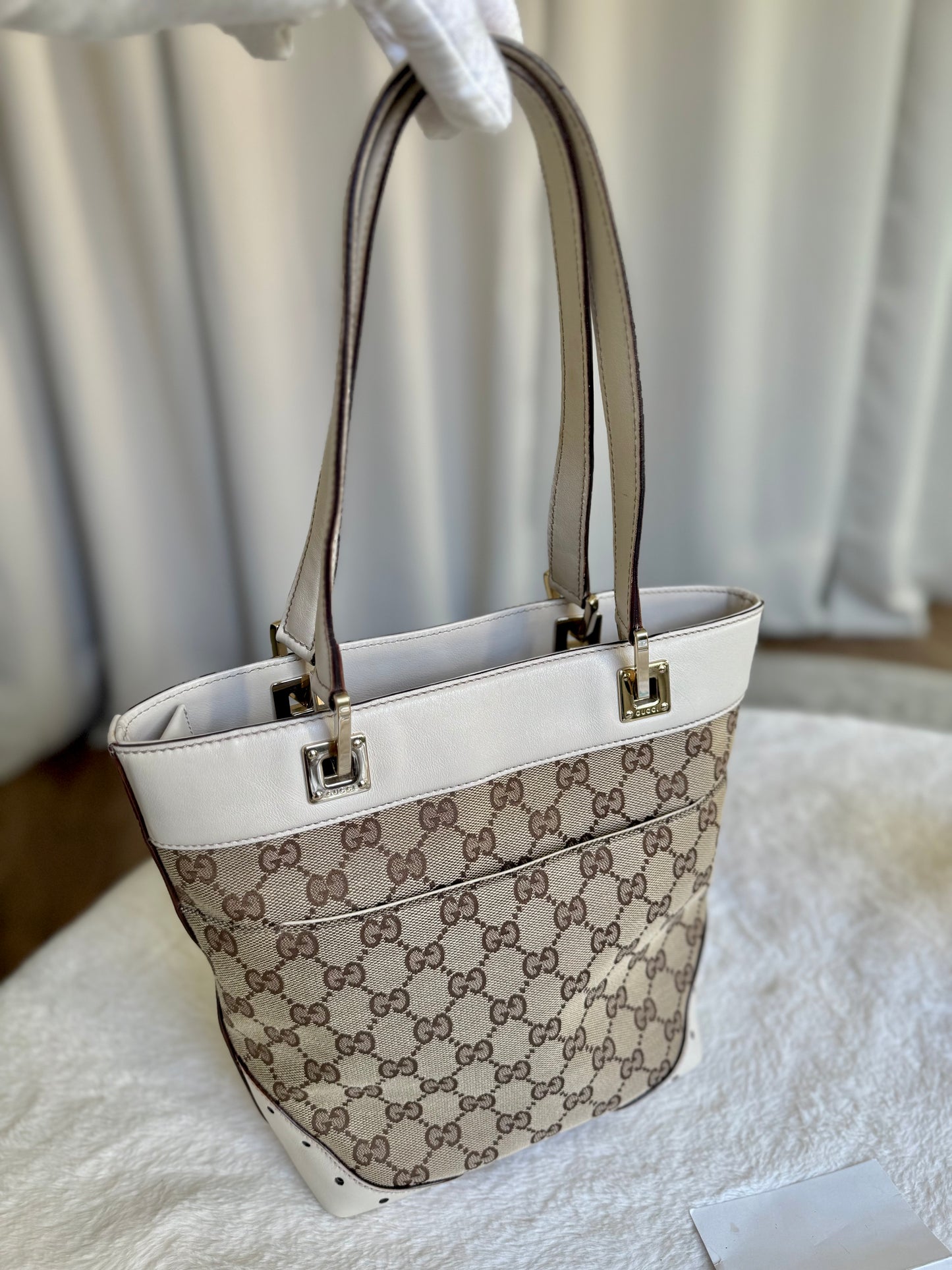 Gucci GG Punch White Leather Beige Tote Bag