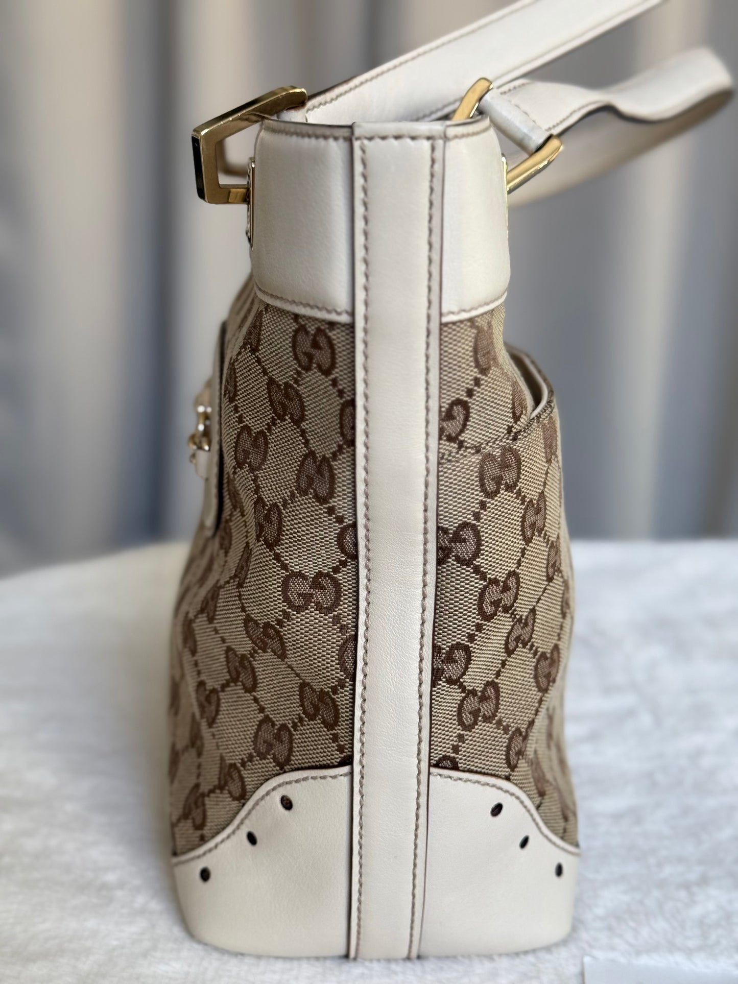 Gucci GG Punch White Leather Beige Tote Bag