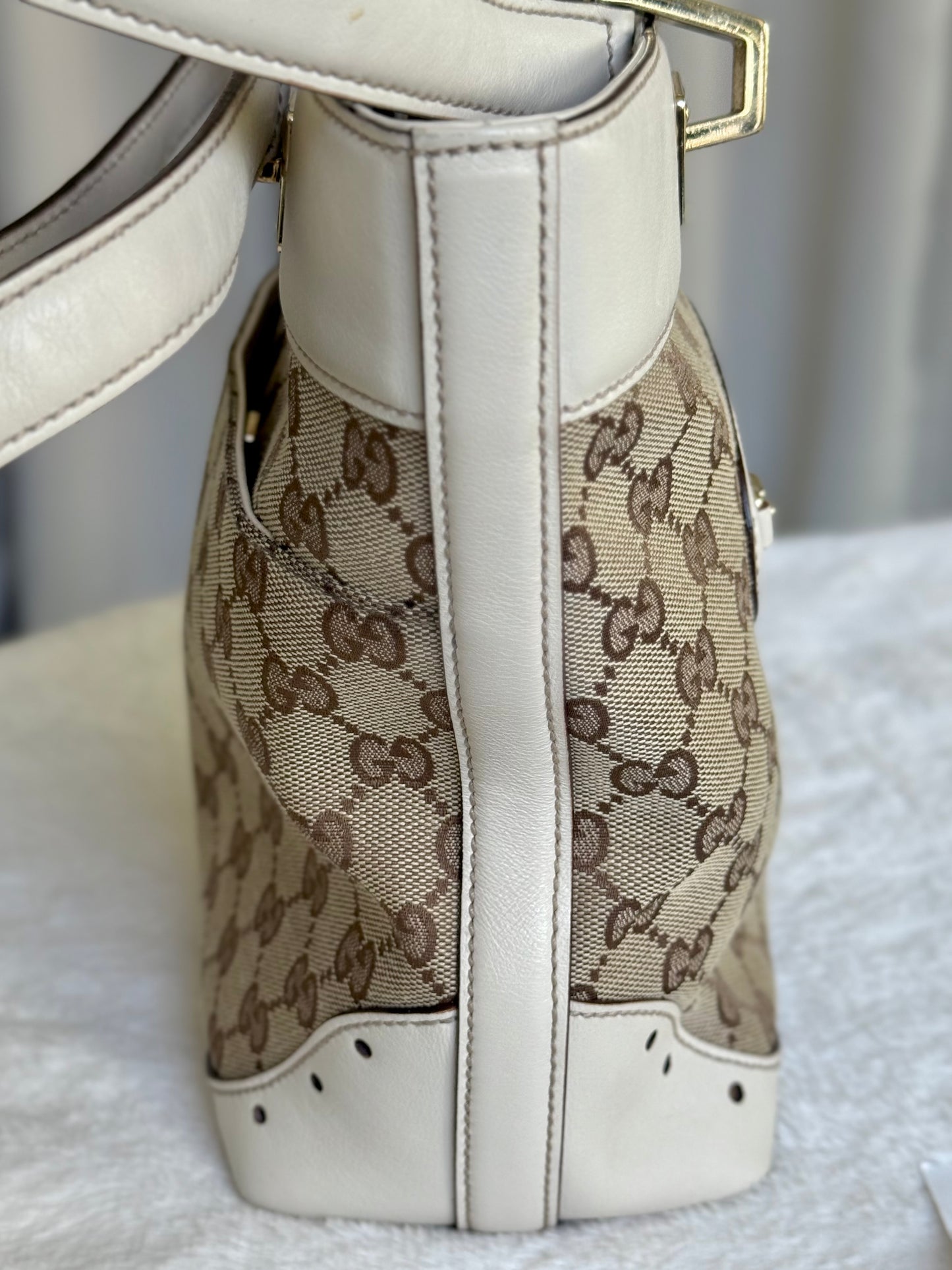 Gucci GG Punch White Leather Beige Tote Bag