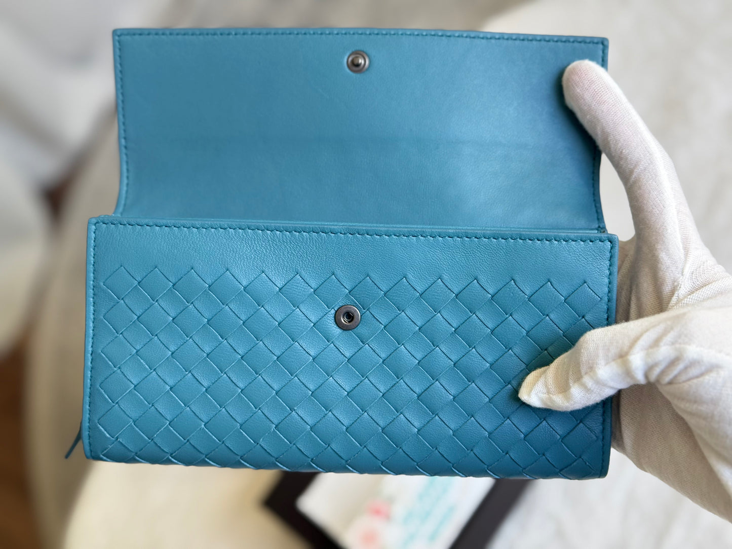 Bottega Veneta Intrecciato Weave Blue Long Wallet